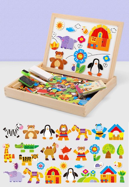 Wooden Multifunction Children Animal Puzzle Writing Magnetic Drawing Board