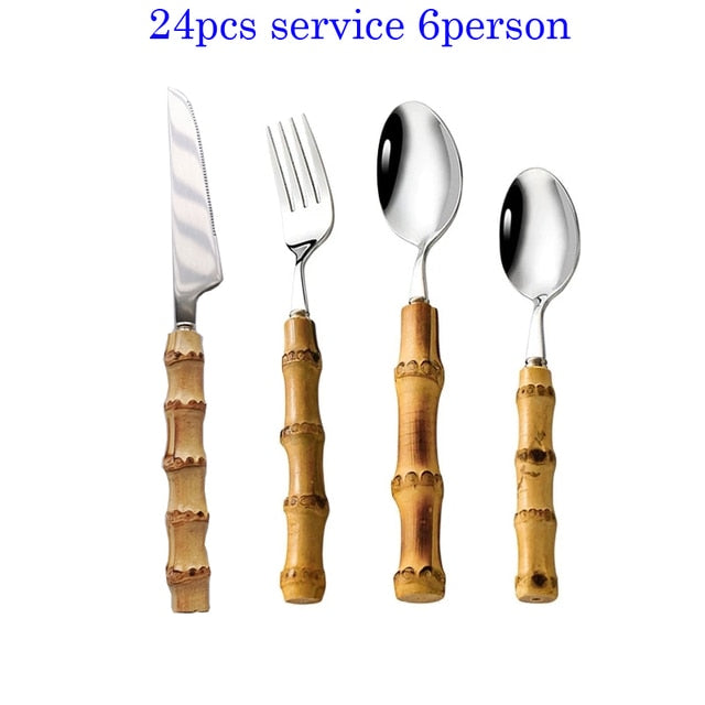 4/16/24/32Pcs Dinnerware Sets Original Nature Bamboo Handle Stainless Steel Cutlery Fork Spoon Home Kitchen Tableware Cutleri