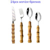 4/16/24/32Pcs Dinnerware Sets Original Nature Bamboo Handle Stainless Steel Cutlery Fork Spoon Home Kitchen Tableware Cutleri