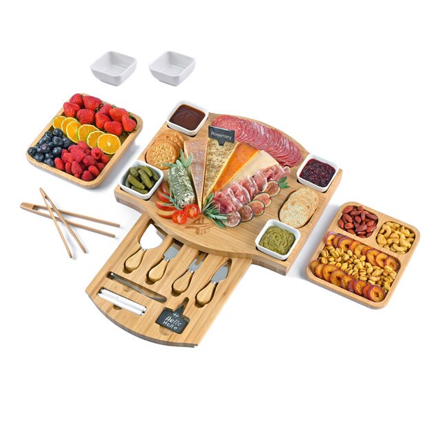 NEW Bamboo Cheese Board Charcuterie Platter &amp; Serving Tray Including free round fruit tray + tong Thick Wooden Server  Choice fo