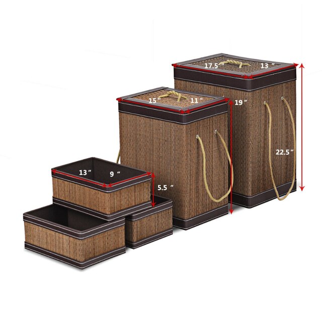 5 PCS Laundry Basket Square Bamboo Hamper Open Box Storage Bin Organizer Basket,Strong and Durable