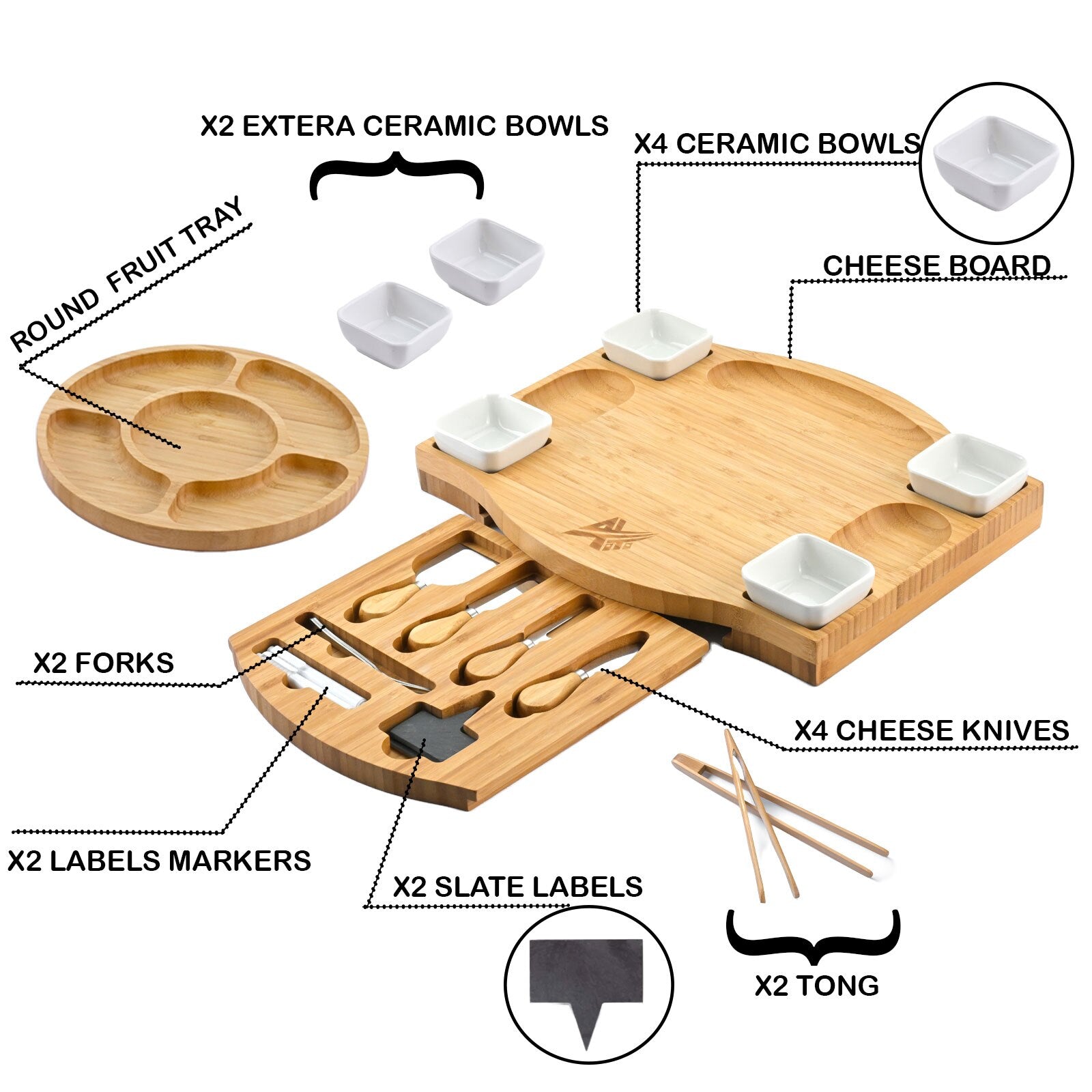 NEW Bamboo Cheese Board Charcuterie Platter &amp; Serving Tray Including free round fruit tray + tong Thick Wooden Server  Choice fo