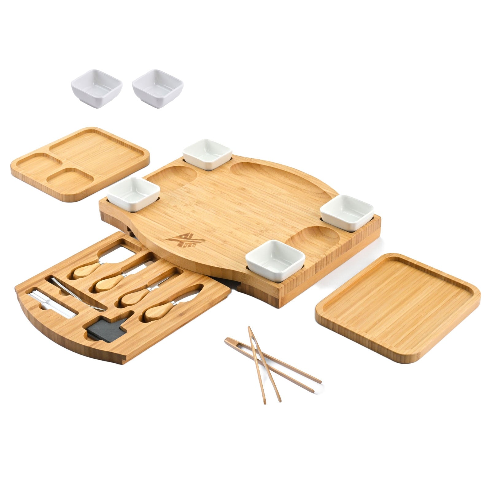NEW Bamboo Cheese Board Charcuterie Platter &amp; Serving Tray Including free round fruit tray + tong Thick Wooden Server  Choice fo