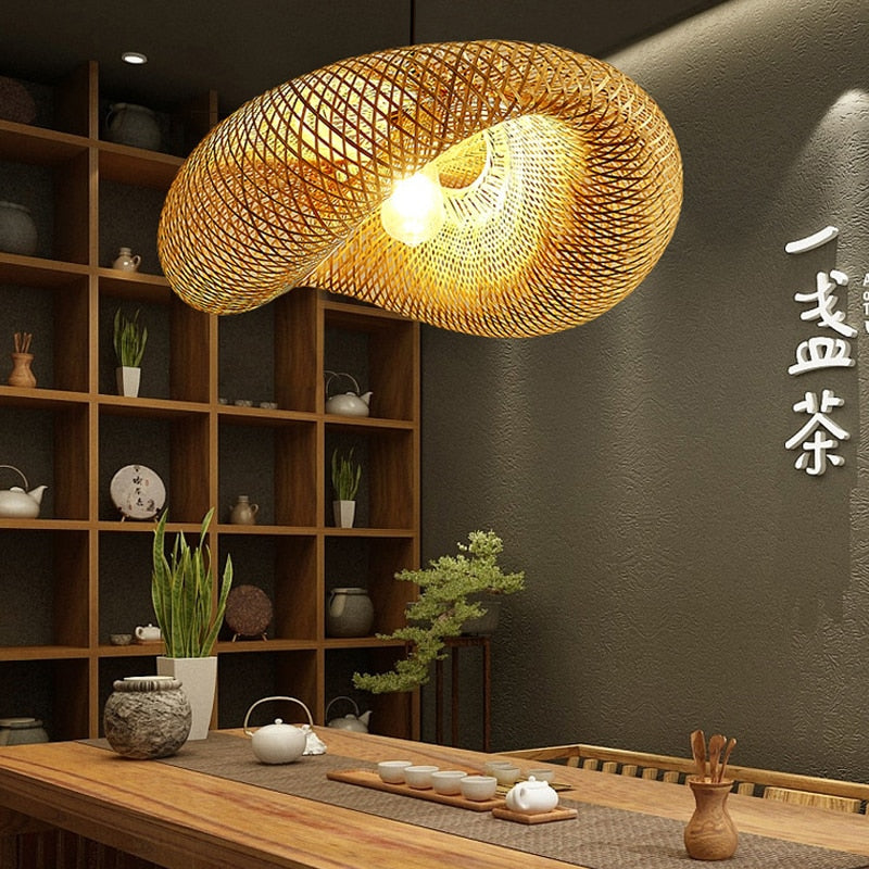 ZK30 Bamboo Weaving Chandelier Lamp 60/50/40cm Hanging LED Ceiling Light Pendant Lamp Fixtures Rattan Woven Home Bedroom Decors
