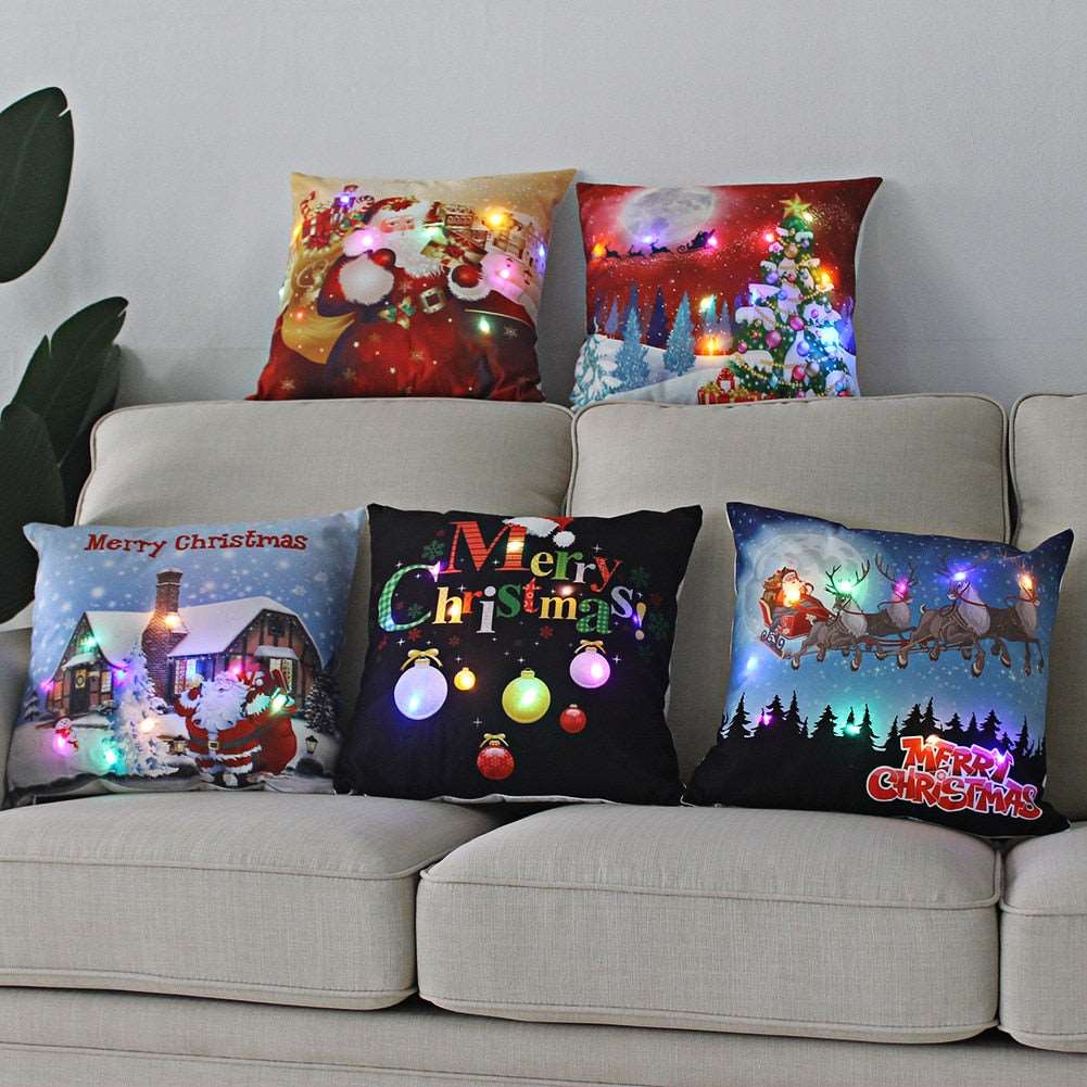 1pc Christmas Cushion Cover 45x45 Led Light Christmas Decorations for Home Santa Claus Printed Christmas Pillow Case