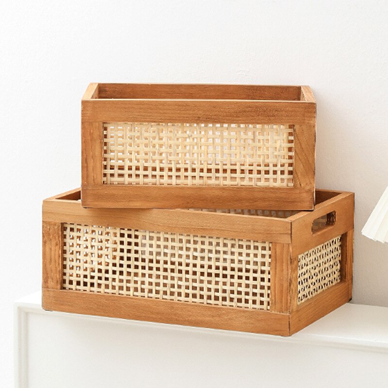 Vintage Solid Wood Storage Basket Bamboo Storage Box Desktop Toys Books Wooden Storage Box Home Organization and Storage
