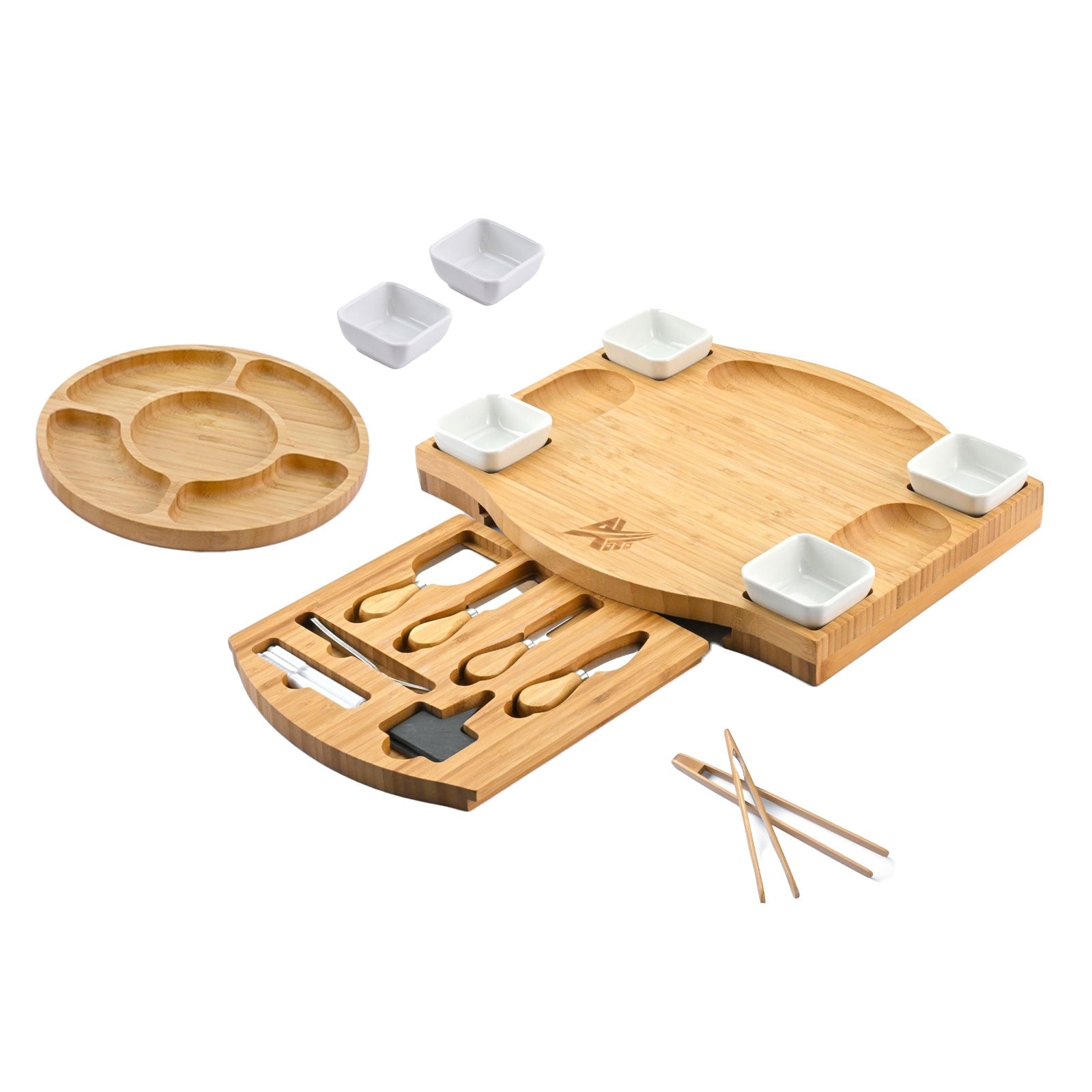 NEW Bamboo Cheese Board Charcuterie Platter &amp; Serving Tray Including free round fruit tray + tong Thick Wooden Server  Choice fo