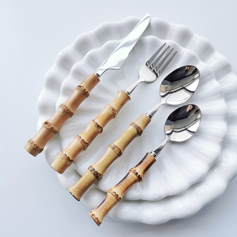 4/16/24/32Pcs Dinnerware Sets Original Nature Bamboo Handle Stainless Steel Cutlery Fork Spoon Home Kitchen Tableware Cutleri