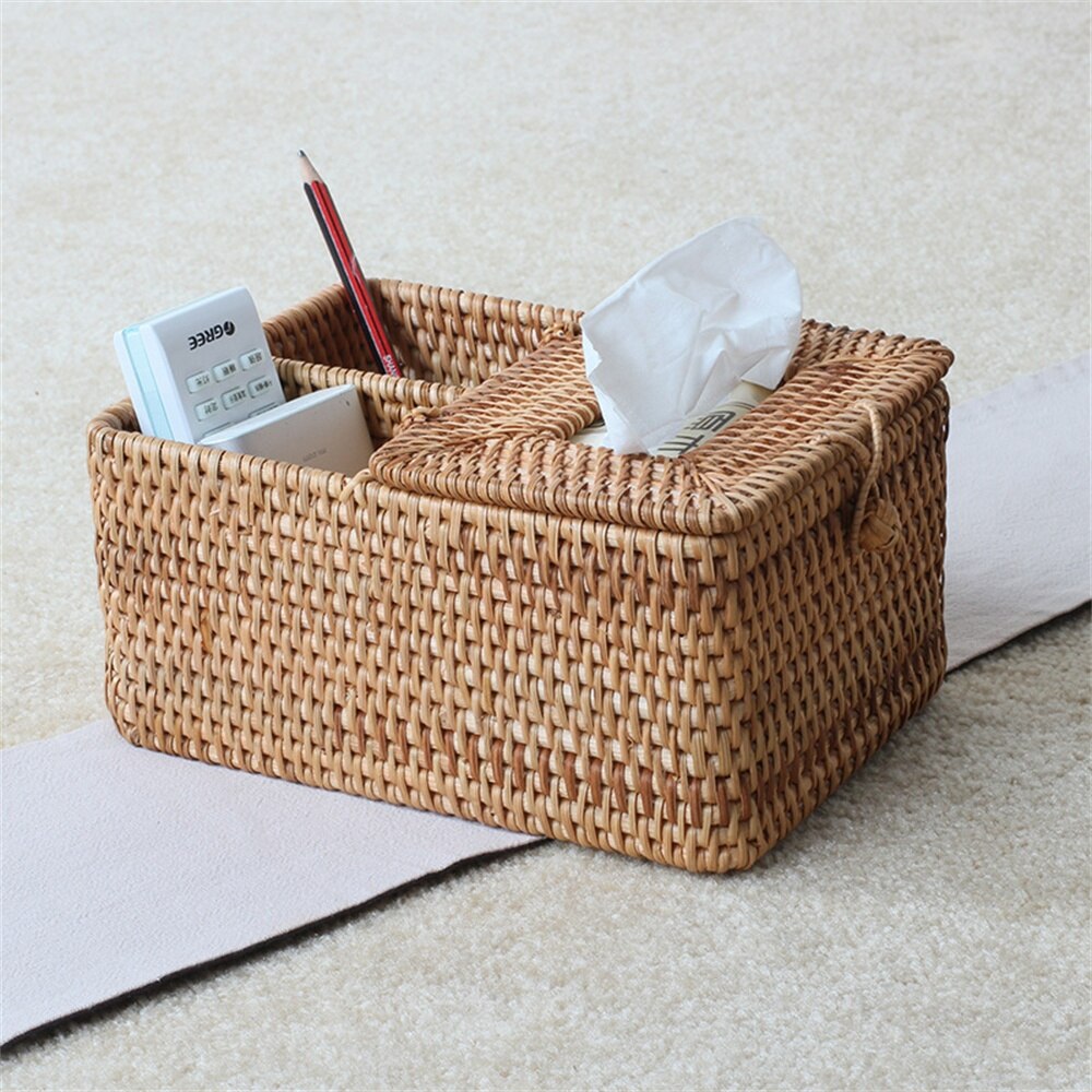 Roll Paper Tray Rattan Straw Tissue Box Car Living Room Storage Box Napkin Holder Box Multi-functiona Hand Woven Tissue Box