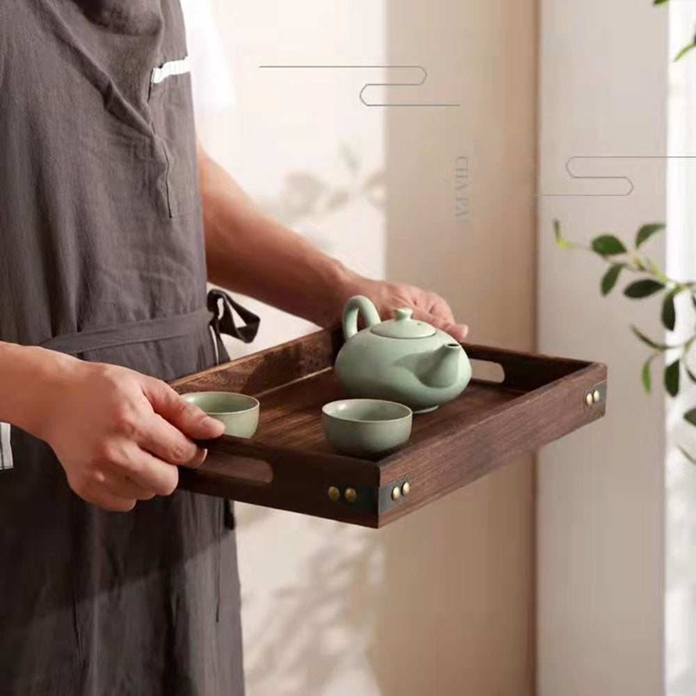 Rustic Wooden Serving Trays with Handle Rectangular Nesting Multipurpose Trays for Tea Coffee Breakfast Table Centerpieces