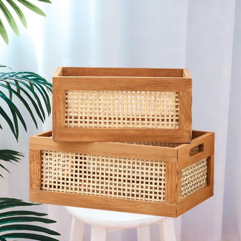Vintage Solid Wood Storage Basket Bamboo Storage Box Desktop Toys Books Wooden Storage Box Home Organization and Storage