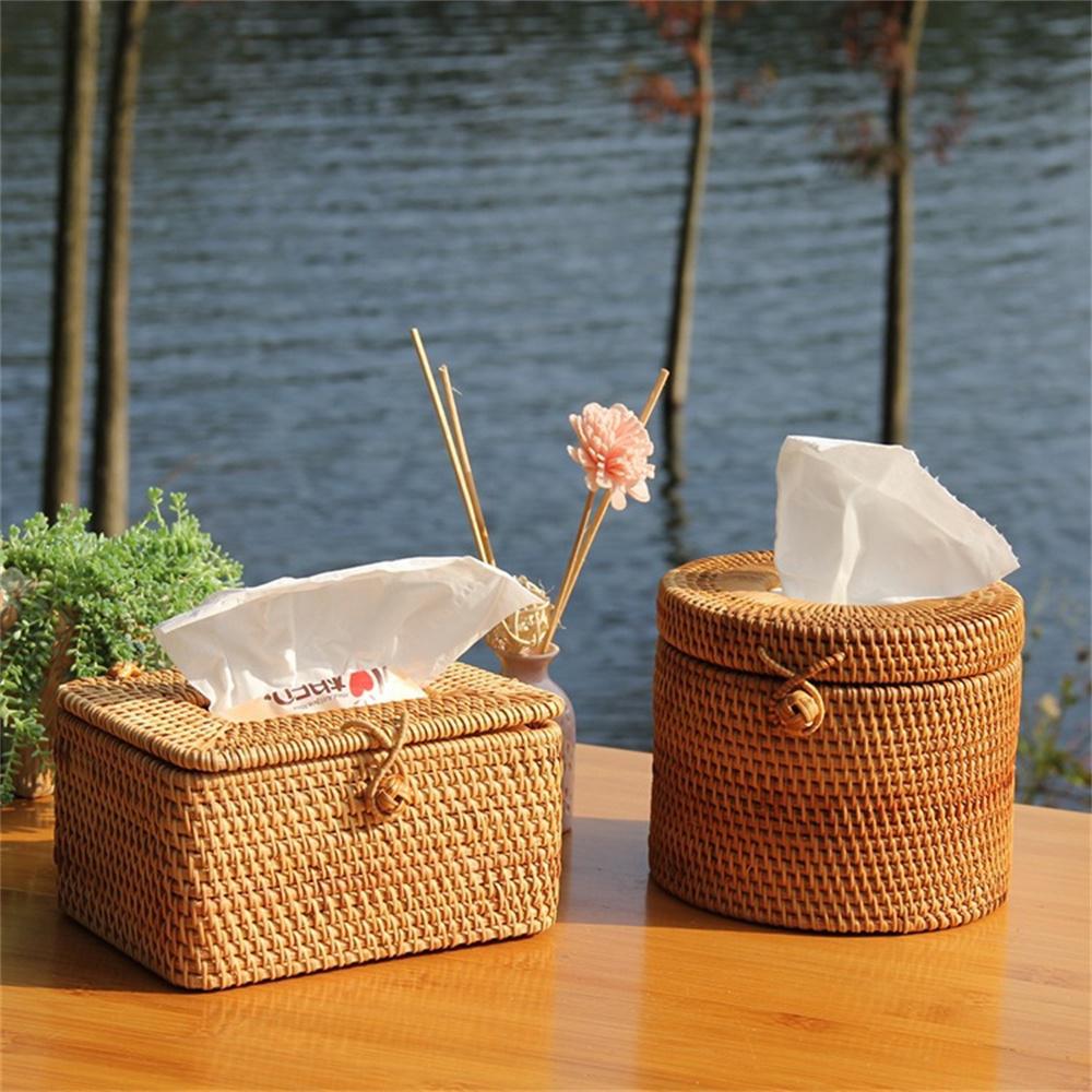 Roll Paper Tray Rattan Straw Tissue Box Car Living Room Storage Box Napkin Holder Box Multi-functiona Hand Woven Tissue Box