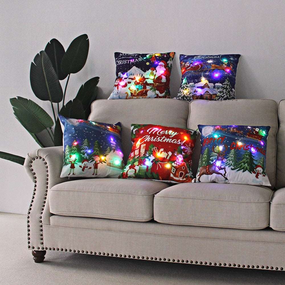 1pc Christmas Cushion Cover 45x45 Led Light Christmas Decorations for Home Santa Claus Printed Christmas Pillow Case