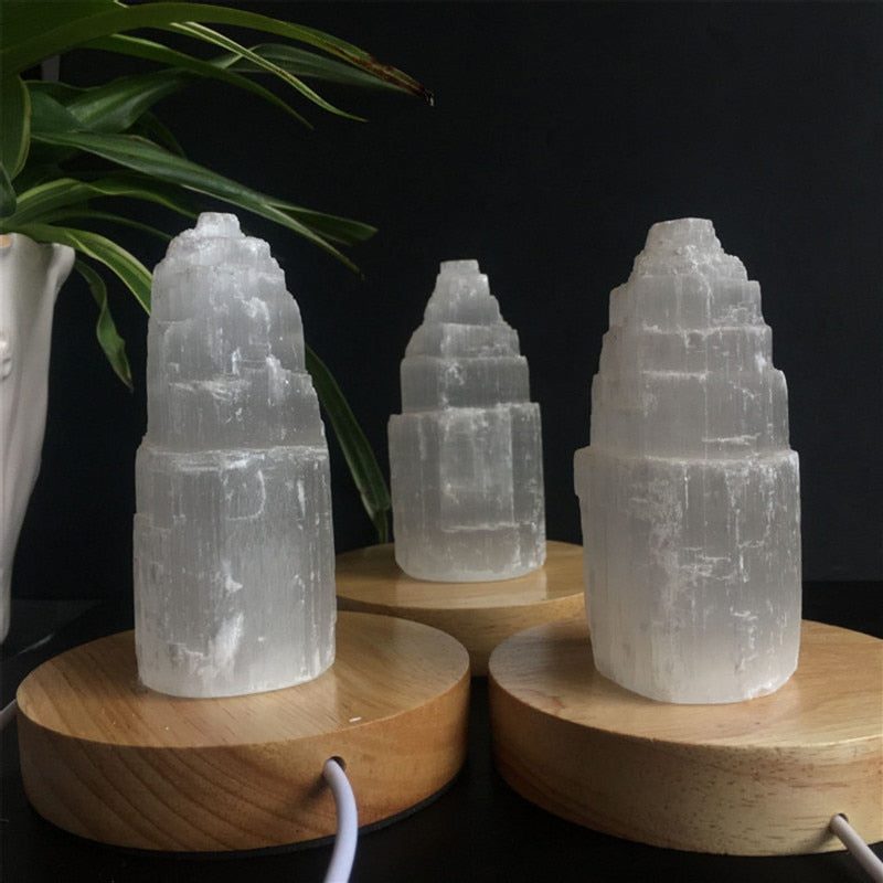 Natural quartz crystal selenite tower lamp